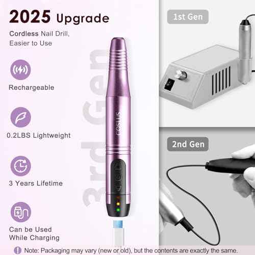 COSLUS Cordless Nail Drill Electric File: Professional for Acrylic Gel Dip Powder Nails Portable Nail Drill Machine Kit for Manicure Pedicure Nail Set with Everything Rechargeable Lightweight