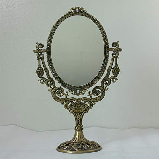 SEHAMANO Vintage Two Sided Oval Desktop Vanity Makeup Mirror with Embossed Frame and Mounted Beads for Bathroom Bedroom Dressing, Antique Cosmetic Metal Royal Stand Mirror (Large, Brass (Matt Gold))