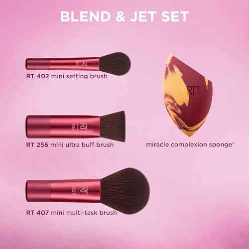 Real Techniques Blend + Jet Set Travel Makeup Brush & Sponge Set, 4 Piece Mini Holiday Gift Set for Foundation, Blush & Setting Powder, Compact & Travel Friendly, Cruelty-Free & Vegan