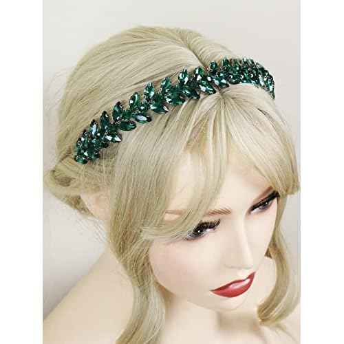 Green Rhinestone Headband Wedding Hair Accessories for Brides Tiaras for Women and Girls Goddess Costume Hair Decoration Party Prom Bridesmaid Gifts