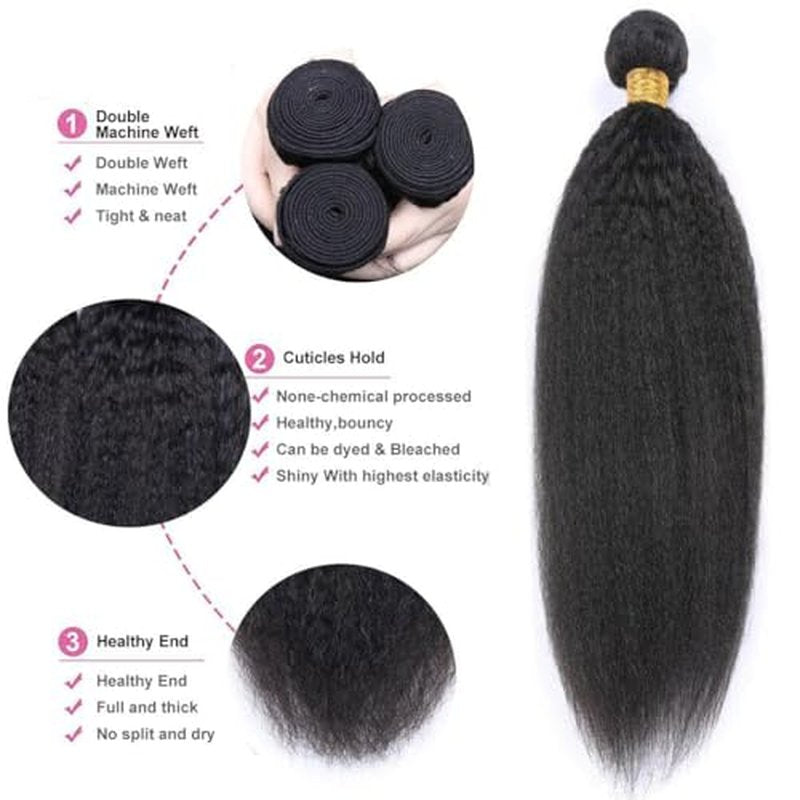 Hair Bundles 12A Yaki Kinky Straight Human Hair 1 Bundles 100% Unprocessed Mongolian Virgin Human Hair Weave Extensions Natural Color Single Bundles (28 inch)