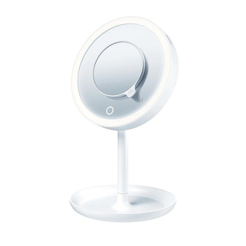 Beurer 5X Illuminated Vanity Mirror - Touch Sensor, Cordless, 360° Rotation | White LED Light & Storage Tray