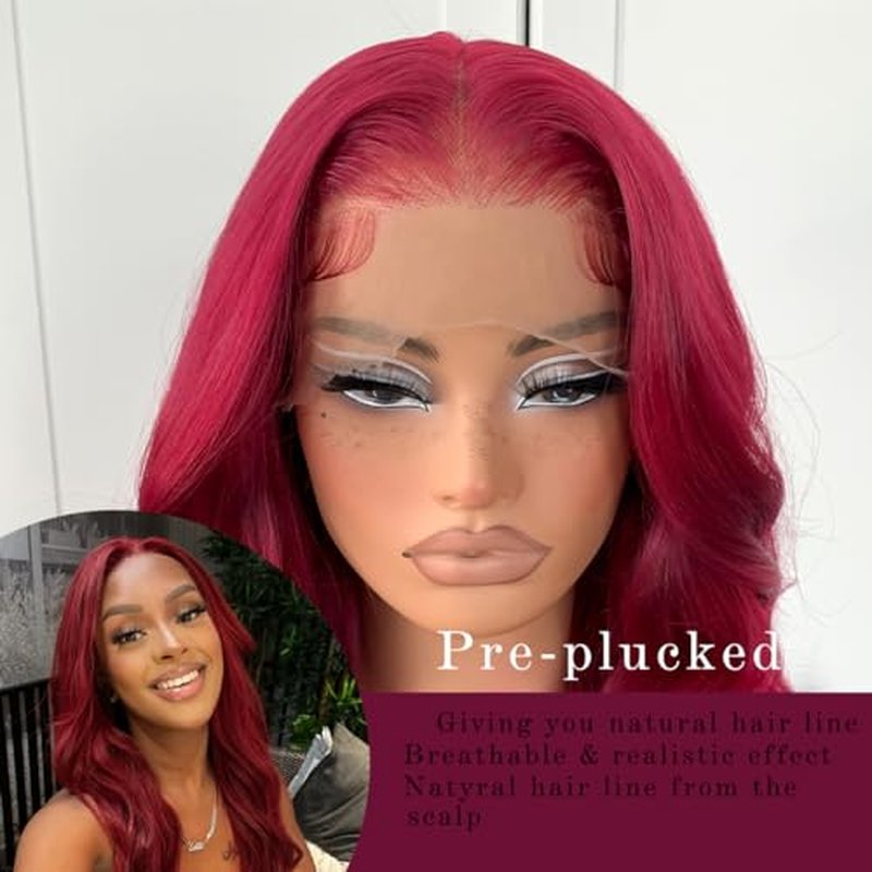 99j Burgundy Lace Front Wigs Pre Plucked Gluless Red Body Wave Lace Front Wigs Synthetic HD Lace Front Wig for Black Women 24 Inch