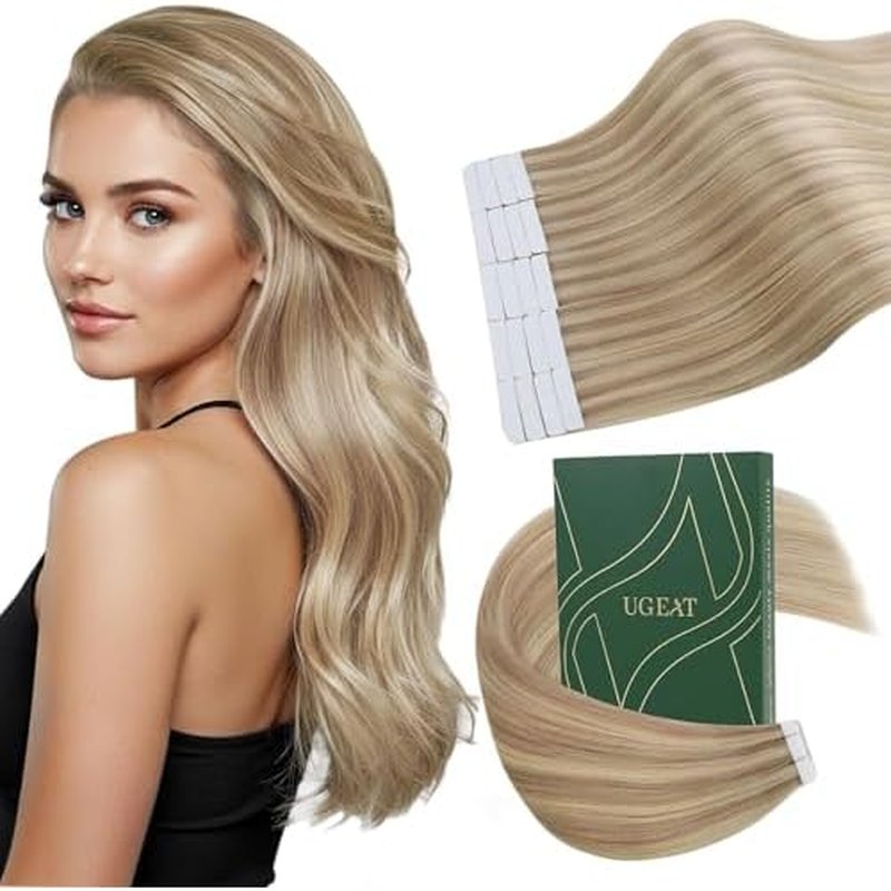 Ugeat Blonde Tape in Extensions Human Hair Highlights Tape in Extensions for Short Dark Ash Blonde with Golden Blonde Straight No Damage to Natural Hair for Wedding 16Inch 20Pcs 50G