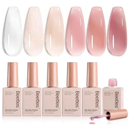 beetles Gel Polish Whispers of Love Jelly Gel Nail Polish Set - 6 Colors Milky White Nude Pink Neutral Sheer Translucent Soak Off UV Gel Nail Kit, Nail Concealer for Salon DIY Manicure Gift for Women