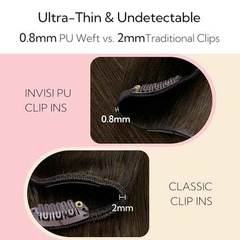 HOTBANANA Invisi Edge Clip in Hair Extensions, 18inch 110g 7Pcs Injected Seamless Clip in Extensions Real Human Hair Ombre Walnut Brown to Ash Brown and Bleach PU Hair Extensions Straight Hair