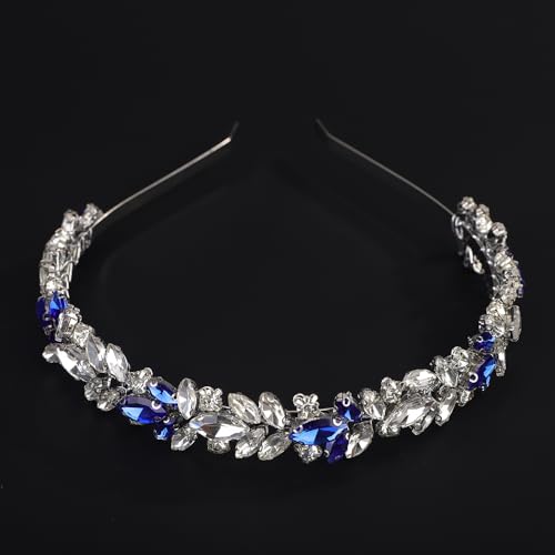 Blue and Silver Rhinestone Headband Crystal Rhinestone Hairband Silver Wedding Hair Accessories Teardrop Rhinestone Wedding Headband for Women