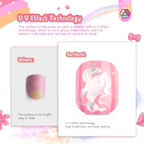 SAVILAND Press on Nails for Kids 168PCS: Kid Press on Nail for Girls Colorful Patterns Kids Fake Nails Tips Strong Adhesion Short Square False Acrylic Nail Art Christmas Easter Gifts 8-12 Years Child