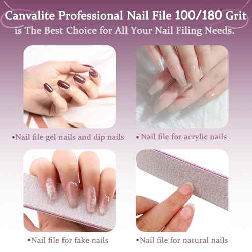 Nail File 12 PCS Professional Reusable 100/180 Grit Double Sides Washable Nail File Manicure Tools for Poly Nail Extension Gel and Acrylic Nails Tools Suit for Home Salon