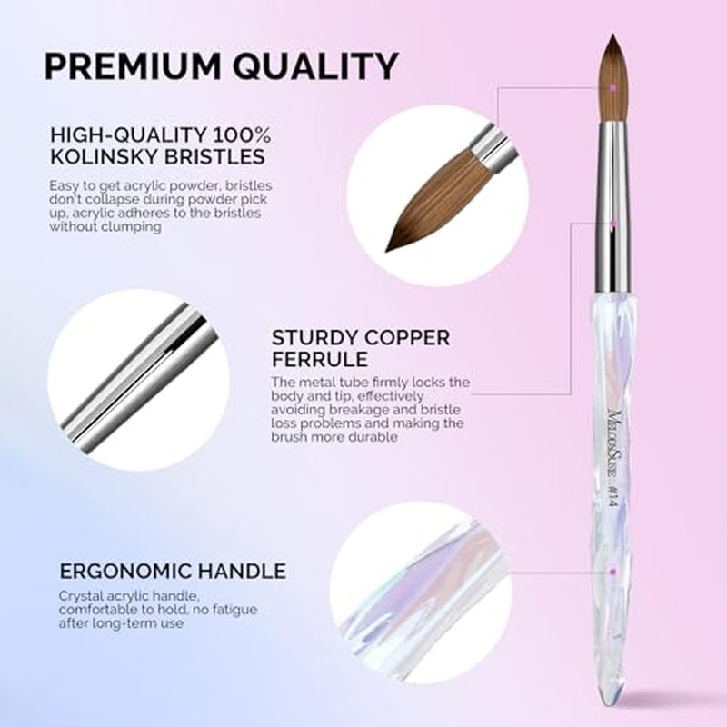 MelodySusie Kolinsky Acrylic Nail Brush, 100% Pure Kolinsky Hair, Professional Nail Brush for Acrylic Powder Nail Extension and 3D Nail Carving, for DIY Home Salon, Size 14