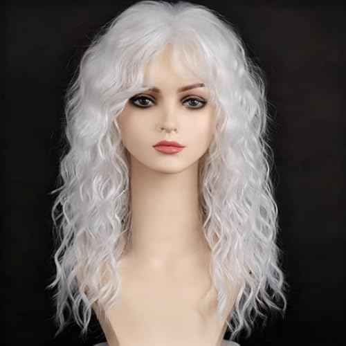 White Curly Wigs with Bangs for Women Long Soft Curly Wavy Wigs Natural Synthetic Hair Party Halloween Costume Cosplay Wigs