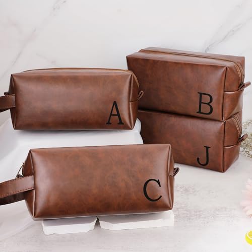 Mens Toiletry Travel Bag Initial M, Personalized Leather Toiletry Bag for Men, Anniversary Christmas Valentines Fathers Day Birthday Gifts for Husband Dad Grandpa Brother