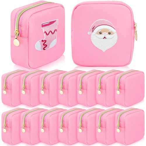 Giesiery Bulk 16 Pcs Preppy Makeup Bags Pink Nylon DIY Craft Zipper Pouch for Bridal/Proposal Gifts, Travel Toiletry Organizer