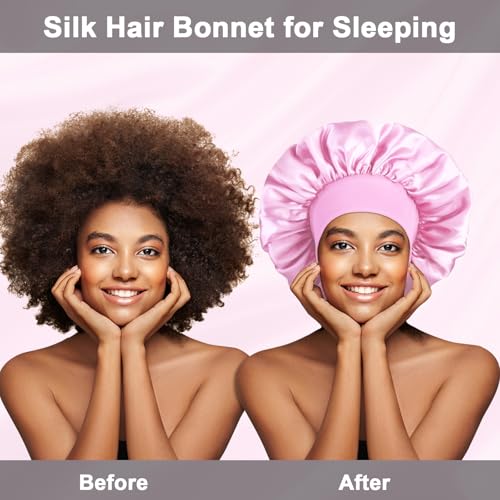 2Pcs Satin Silk Hair Bonnet for Sleeping Women,Large Bonnets with Elastic Wide Tie Band Silk Sleep Cap,Hair Wrap Night Cap with Adjustable Straps for Black Women Curly Hairs Jumbo Bonnet Braid - Pink