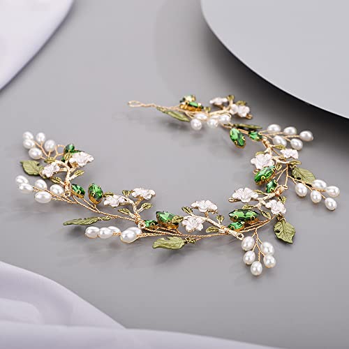 Bridal Cute Flowers Headband for Bride Bridesmaid Green leaf Crystal Hair Piece Beads Hair Vine