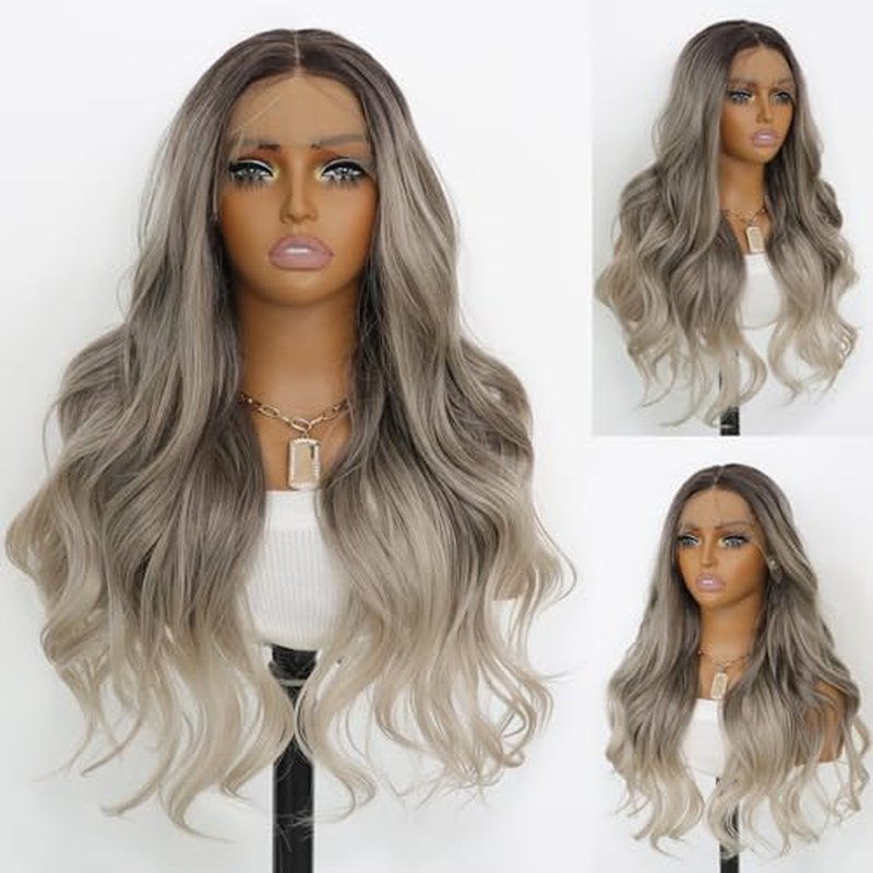Ash Gray Wavy Synthetic Wig 3 Tone Ombre Grey 13¡¿4 Lace Front Wigs Heat Resistant Fiber Wig for Women 24 Inches 150 Density