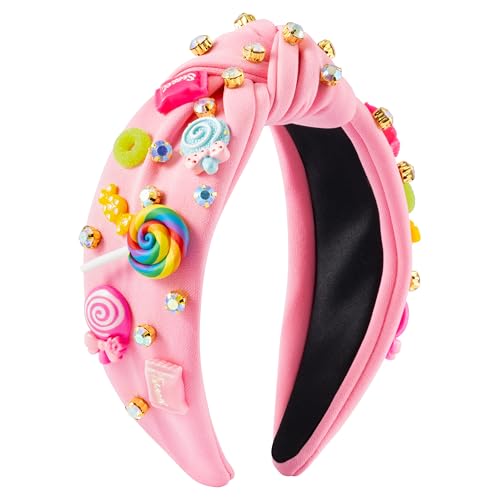 PANTIDE Candy Jeweled Knotted Headband - Halloween Rainbow Lollipop Rhinestone Embellished Preppy Headband Non Slip Wide Top Knot Hairband Hair Accessories Birthday Gift for Women Girls (Pink)