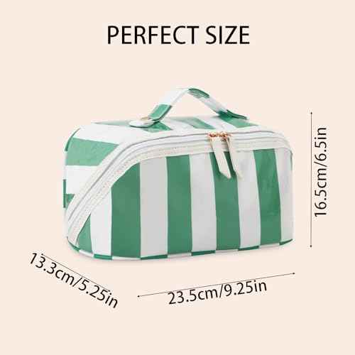 DYSHAYEN Stripe Travel Makeup Bag with Compartments Clear Coated Cosmetic Bag for Women, Waterproof Portable Open Flat Toiletry bag £¨White-Green£©