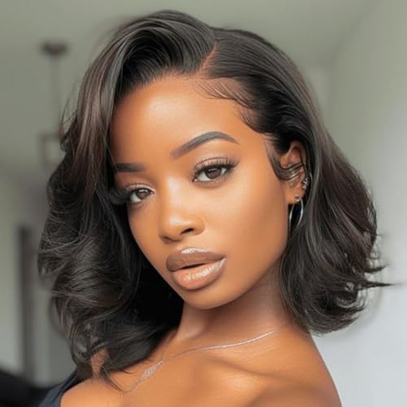 Body Wave Bob Wig Human Hair HD Lace Front Wigs 180% Pre Plucked Density Glueless Wig Natural Black Color 12 Inch for Black Women