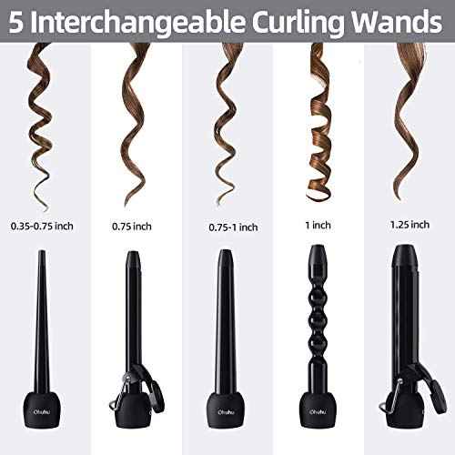 5 in 1 Curling Wand Set: Ohuhu Curling Iron Wand LCD Temperature Display 5Pcs 0.35 to 1.25 Inch Interchangeable Ceramic Barrel Heat Protective Glove for Girls Women Mother Gift Black