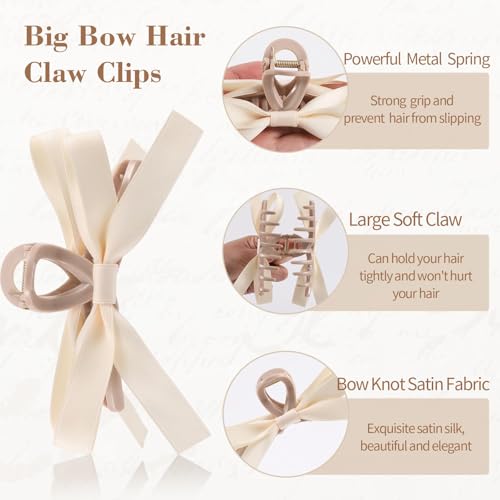 Auseibeely 6 PCS Silky Satin Bow Hair Clips, Non-Slip Clips for Thin and Thick Hair, Bows for Women, Girls, Weddings, and Bridesmaids