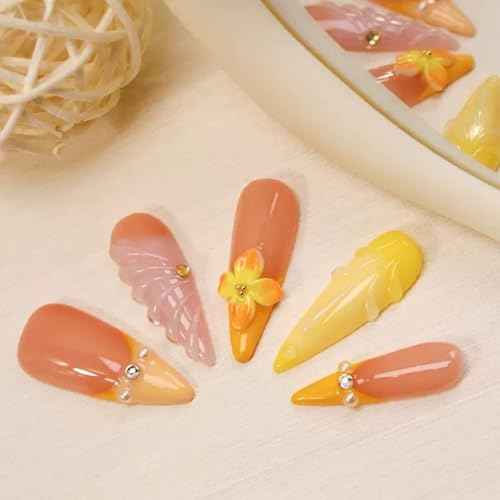 100% 5D Handmade Press on Nails with Charms Long Stiletto Nails Press ons- Water Ripple False Nails Ombre Orange Yellow Press on Nails Summer Fake Nails for Women Girls Daily Wear DIY Manicure Size M