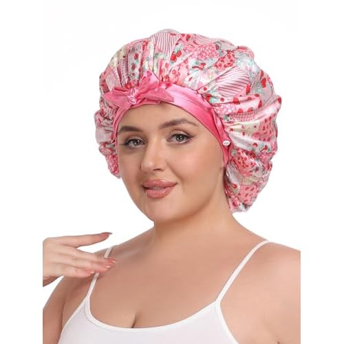 Double Layer Satin Hair Bonnet with Eye Mask Silk Sleep Cap with Tie Head Wrap for Curly Natural Hair Pink Strawberry