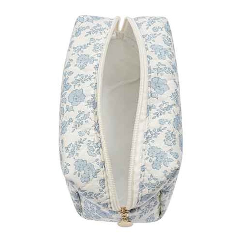 Cute Floral Makeup Bag Small Cotton Quilted Cosmetic Bag, Aesthetic Essential Bag Emergency Bag Gift for Women Girls Travel Accessories (Blue Floral)