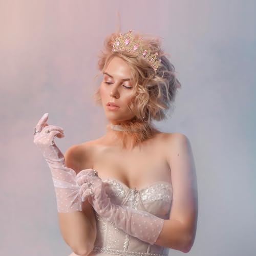 Gold Crown for Women, Fufuddz Pink Crystal Tiara Princess Tiaras Queen Crowns with Combs Quinceanera Birthday Bridal Wedding Prom Party Halloween Headband Christmas Hair Accessories 15th 16th