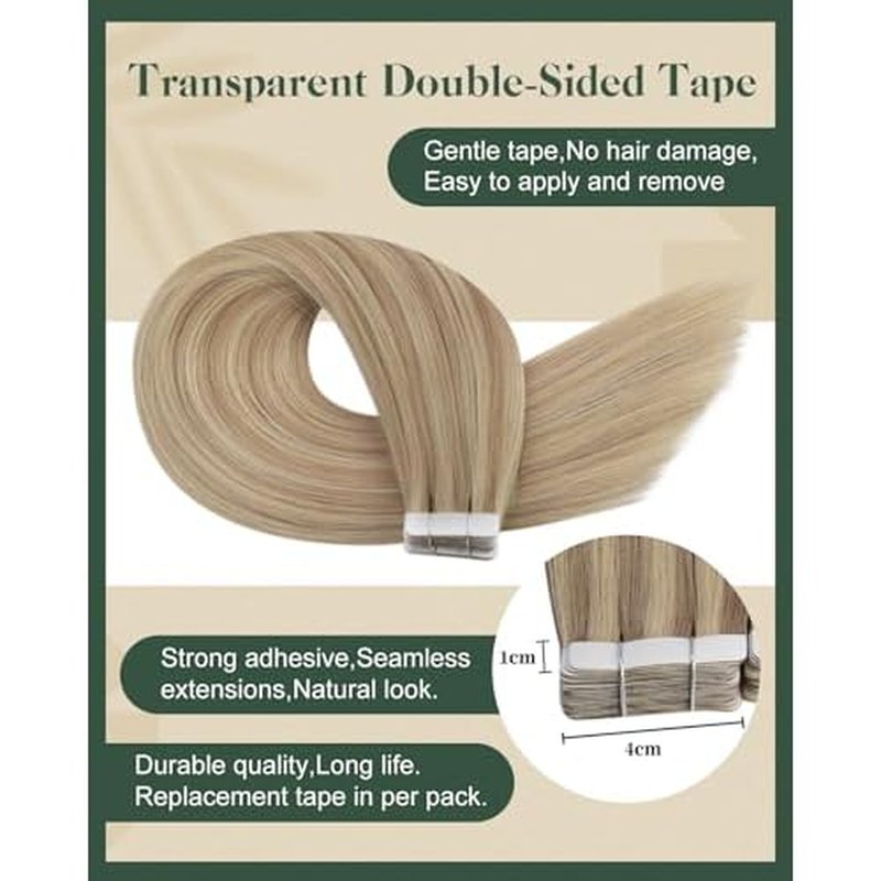 Ugeat Blonde Tape in Extensions Human Hair Highlights Tape in Extensions for Short Dark Ash Blonde with Golden Blonde Straight No Damage to Natural Hair for Wedding 16Inch 20Pcs 50G