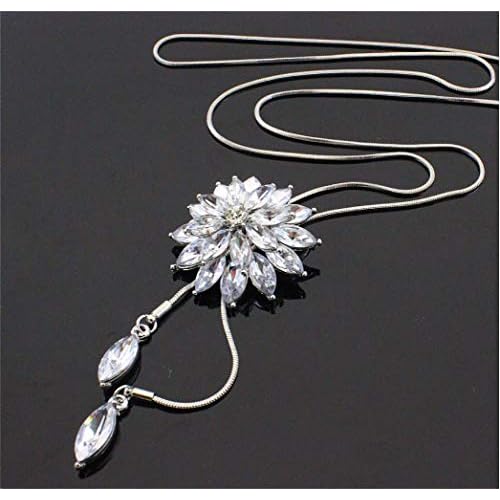 Cathercing Rhinestone Lotus Floral Pendant Long Necklace for Women Sweater Chain Statement Necklace Choker Adjustable Elegant Jewelry Accessories Dressy Collocation Winter Evening Party Wedding