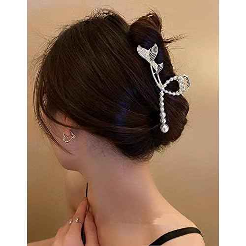 Large Pearl Rhinestone Metal Hair Claw Clips for Thick Hair - Nonslip, Strong Hold, Gold (6 Pcs)