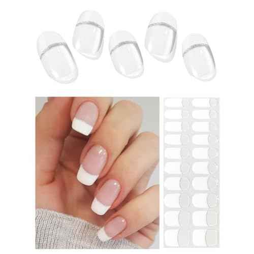 Semi Cured Gel Nail Strips (A White French Tip), Clear Base, 20 Pcs Gel Nail Wraps, Stickers, UV Light Required, Salon Quality, Long Lasting