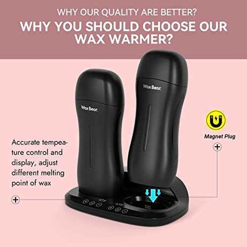 Wax Bear Roll On Warmer with Double Roller for Soft Wax Cartridges, Magnetic Heater Base for Hair Removal - Ideal for Home or Salon Use (Black)