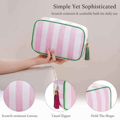 Large Stripe Canvas Zipper Makeup Bag,Aesthetic Tassel Travel Cosmetic Bag,Coquette Toiletry Bag, Girls Handbags Purses,Accessories Storage Bag for Women Girls (Pink)