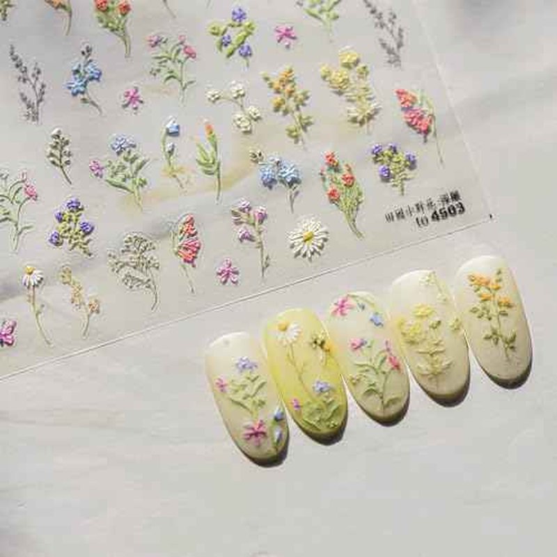 JMEOWIO 3D Embossed Flower Nail Art Stickers Decals Self-Adhesive 5D Spring Summer Floral Nail Supplies Nail Art Design Decoration Accessories 1 Sheets