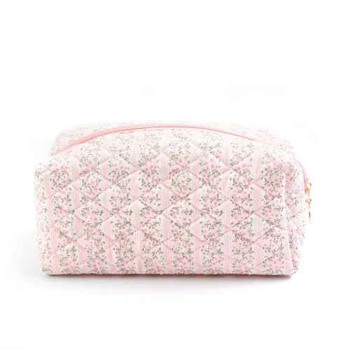 Floral Make Up Bag Coquette Cosmetic Bag Quilted Makeup Bag for Women Portable Toiletry Bag Travel (pink)