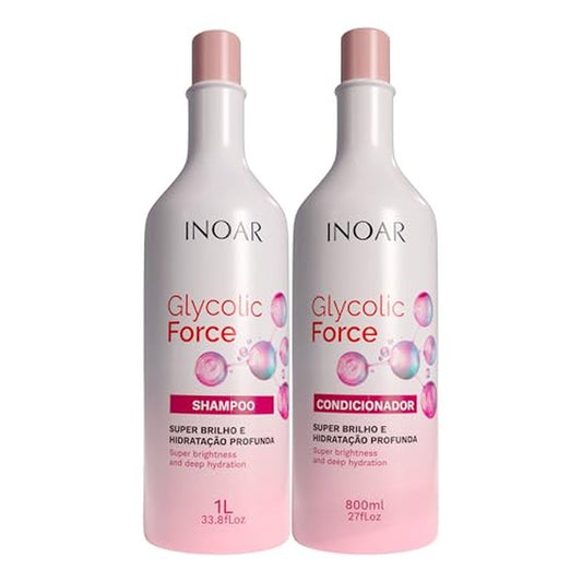 INOAR Glycolic Force Shampoo & Conditioner Bundle with Glycolic Acid for Deep Cleansing, Intense Hydration & Renewed Shine, 33.8 & 27 Fl Oz