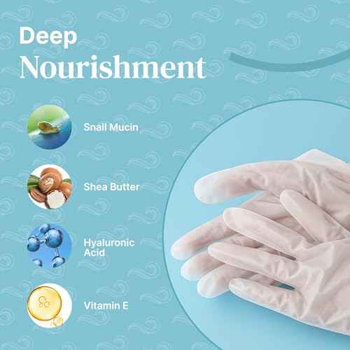 Hand Mask Moisturizing Gloves for Dry Cracked Skin | Hydrating Treatment with Snail Mucin Shea Butter Hyaluronic Acid Bisacolol Vitamin E | Softening Exfoliator for Hands, Repair Glove Mask | 6 Pairs