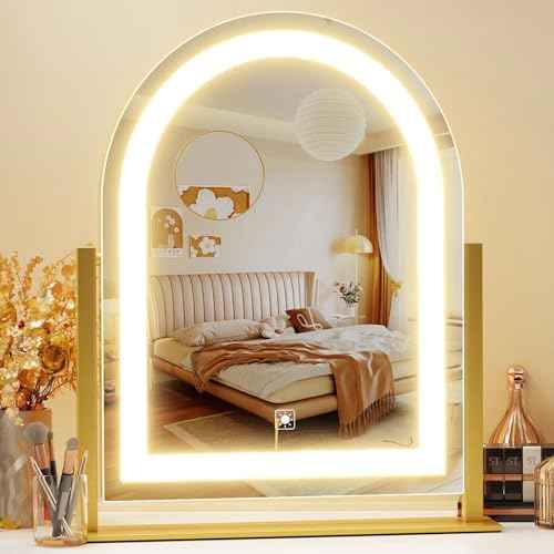 Arched Makeup Vanity Mirror with Lights 17.2" Large LED Lighted Mirror, Hollywood Make Up Mirror with Lighting, Smart Touch,Detachable 5X Magnification 360¡Æ Rotation, (Gold,Gift Box)