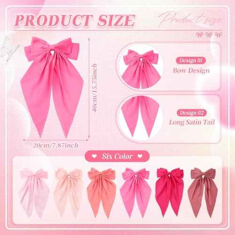 6 Pcs Coquette Large Pink Bow for Girls Women Oversized Long Tail Clip Barrette Ribbons Satin Bows Cute Bowknot Hair Accessories Gift for Birthday Galentine's Day Holidays
