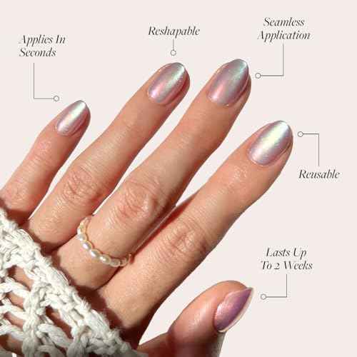 Glamnetic Press On Nails - Oyster | Short Oval Cat Eye Fake Nails with a Velvet Pearlescent Finish, Salon Quality Summer Nails | 15 Sizes - 30 Nail Kit with Glue