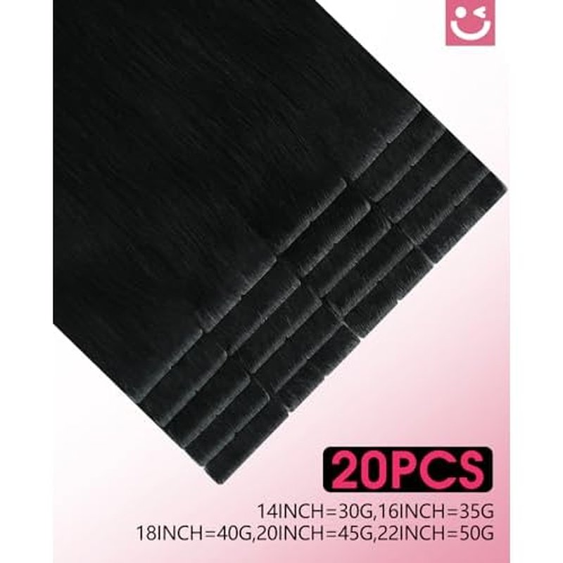 Youngsmile Injection Tape in Hair Extensions Real Human Hair, #1 Jet Black 14 Inch Invisible Edge Tape in Injected Hair Extensions, 20pcs 30g, Straight Remy Virgin Human Hair Tape ins (#1,14'')