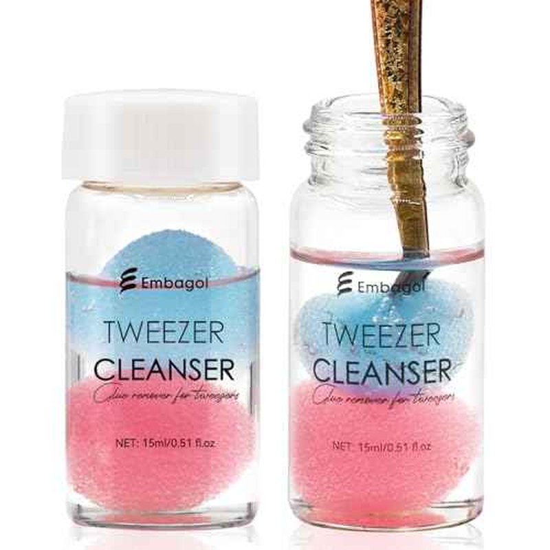 2 Bottles Tweezer Cleanser for Eyelash Extensions Tweezers Glue Remover Liquid for Lash Tools with 2 Spongeballs(2 Bottles Cleanser)