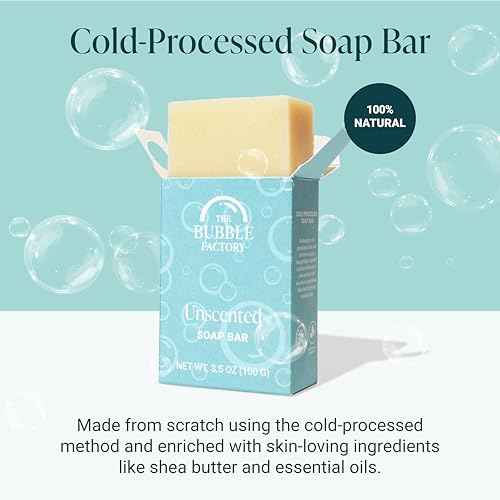 The Bubble Factory Handmade Natural Bath & Body Soap Bar, Vegan, All-Natural, Palm Oil Free, Made in USA with Shea Butter + Essential Oils, Unscented, 3 Bars