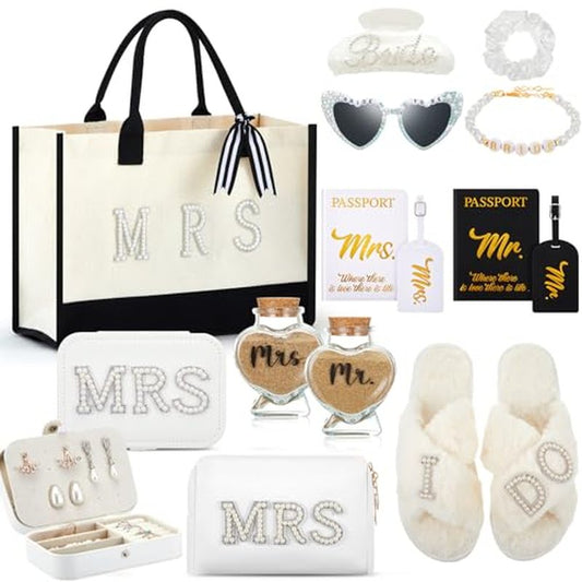 14 Pcs Bridal Shower Gifts Set Including Mrs Mr Travel Passport Tag Tote Cosmetic Bag Jewelry Box Claw Hair Clip Hair Tie Heart Sunglasses for Honeymoon Wedding Supplies(Women 9-10)