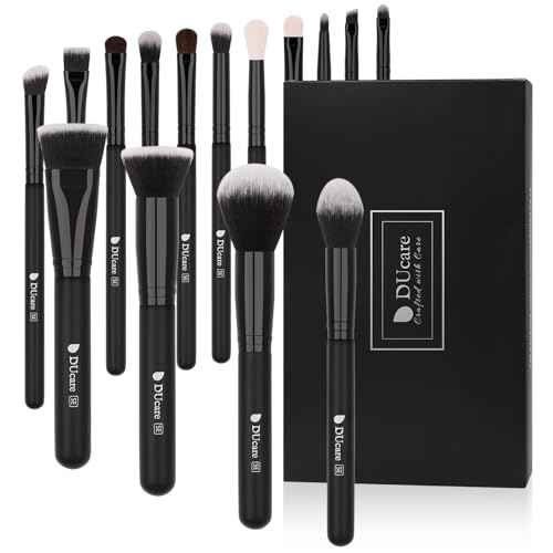 DUcare Makeup Brushes 15Pcs Premium Synthetic Kabuki Makeup Brush Set, Professional Foundation Concealers Powder Blush Blending Face Eye Shadows Black Brush Sets