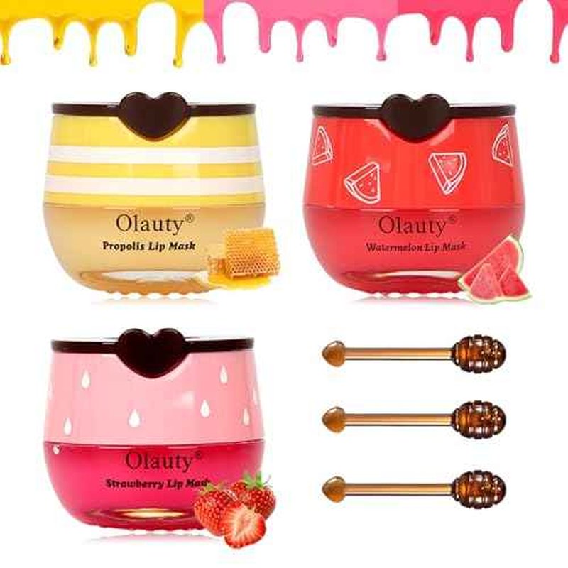 3 PCS Bee Lip Balm Lip Mask Honey Pot,Strawberry&Honey&Watermelon Lip Sleeping Mask,Hydrating Prevention Dry Lip Care,Moisturizing Lip Mask Overnight Reduces Lip Lines