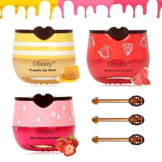 3 PCS Bee Lip Balm Lip Mask Honey Pot,Strawberry&Honey&Watermelon Lip Sleeping Mask,Hydrating Prevention Dry Lip Care,Moisturizing Lip Mask Overnight Reduces Lip Lines