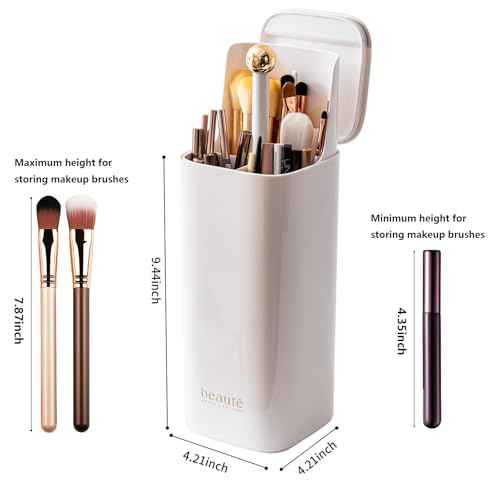 Makeup Brush Holder Organizer, One Touch for Open, Dustproof Make Up Organizer with Lid for Vanity Bathroom Countertop,White